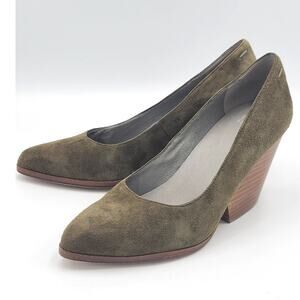 Eileen Fisher Hawk Suede Almond Toe Block Heel Pumps Size 7 Olive Green GUC 3"